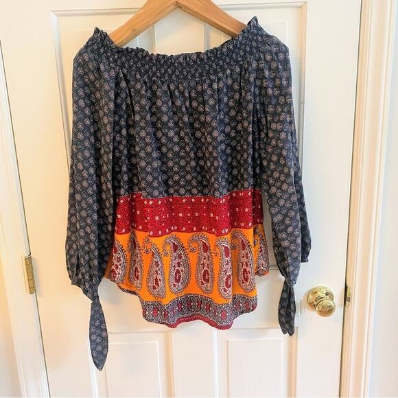 Beachlunchlounge Womens' Off The Shoulder Peasant Blouse Boho Blue Orange Small - Picture 2 of 7
